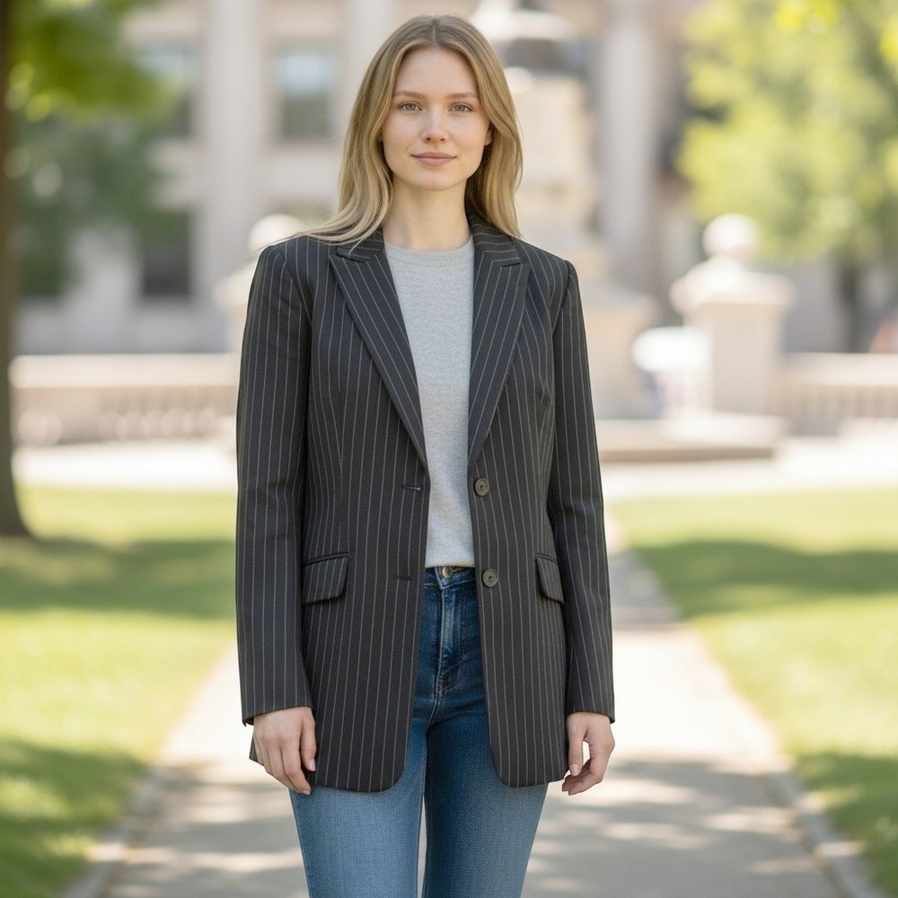 Tyler Boe Pinstripe Blazer Women 8 Black Wool Blend Longline Jacket 3152